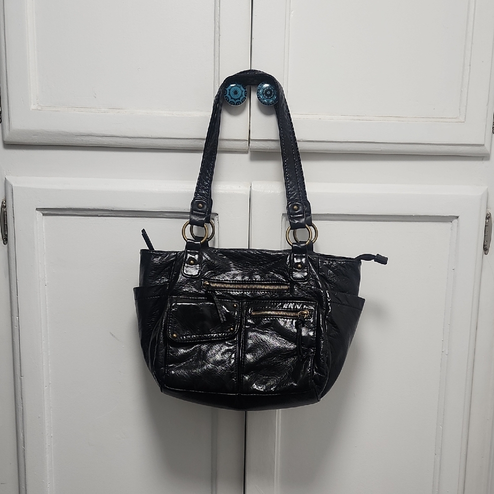Black Leatherette Tote Bag with Front Pockets - Unbranded